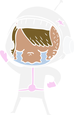 Düz renkli çizgi film ağlayan astronot kız bir insan tarafından çizilmiş.