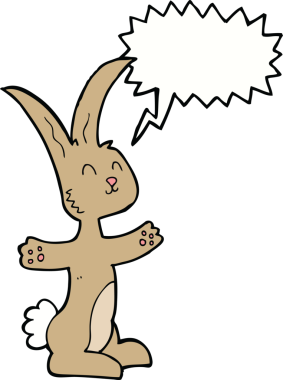 Bir insan tarafından çizilmiş konuşma balonlu çizgi film tavşanı.