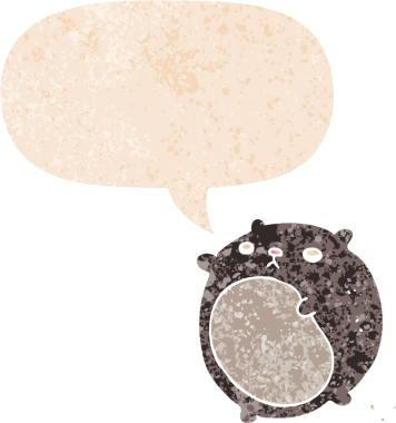 Bir insan tarafından çizilmiş grunge sıkıntılı retro biçimli konuşma balonu ile çizgi film ayısı