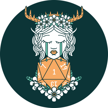 Ağlayan Elf Büyücüsü karakteri yüzü ve bir insan tarafından çizilmiş doğal bir D20 rulosu.