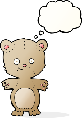 Bir insan tarafından çizilmiş düşünce baloncuklu mutlu oyuncak ayı.