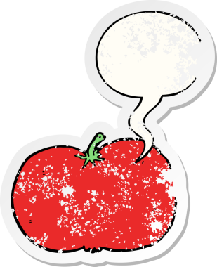 Konuşma baloncuklu çizgi film domatesi bir insan tarafından çizilmiş sıkıntılı eski bir çıkartma