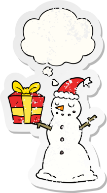 Kardan adam. Düşünce baloncuğuyla birlikte bir insan tarafından çizilmiş yıpranmış bir çıkartma.