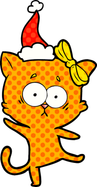 Bir insan tarafından çizilmiş Noel Baba şapkası takan bir kedinin el çizimi çizgi roman tasviri