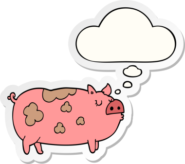 Düşünce baloncuklu çizgi film domuzu insan tarafından çizilmiş bir çıkartma.