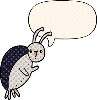 Bir insan tarafından çizilmiş çizgi roman tarzında konuşma balonu olan çizgi film böceği.