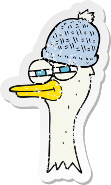 Bir insan tarafından çizilmiş şapka giyen çizgi film kuşunun gerilimli retro çıkartması.