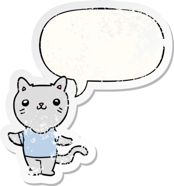 Konuşma baloncuğu olan çizgi film kedisi bir insan tarafından çizilmiş sıkıntılı eski bir çıkartma