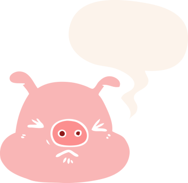 Bir insan tarafından çizilmiş eski tarz konuşma baloncuğu olan kızgın domuz suratlı çizgi film.