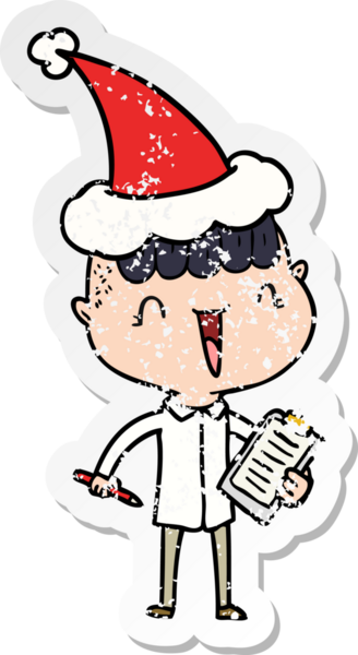 Bir insan tarafından çizilmiş Noel Baba şapkası giymiş mutlu bir çocuğun el çizimi çıkartması.