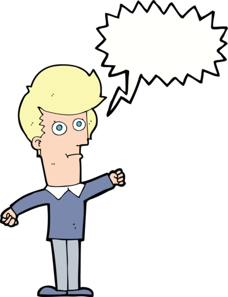 Bir insan tarafından çizilmiş konuşma balonuyla yumruk atan karikatür adamı.