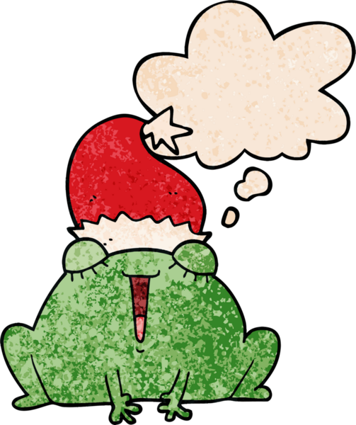 Bir insan tarafından çizilmiş grunge desenli düşünce baloncuğu olan şirin bir çizgi roman noel kurbağası.