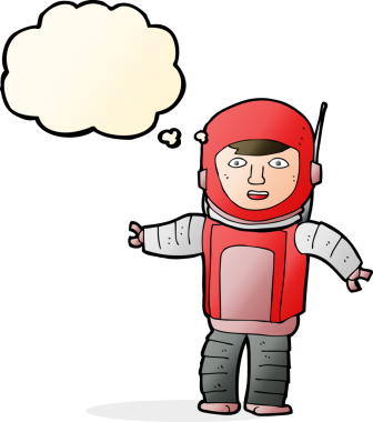 Bir insan tarafından çizilmiş düşünce baloncuklu astronot.