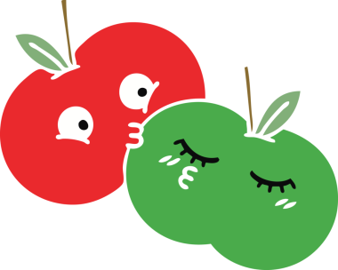 Bir insan tarafından çizilmiş elmaların düz renkli retro karikatürü