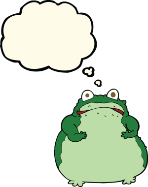 Bir insan tarafından çizilmiş düşünce baloncuklu şişman kurbağa.