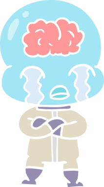 Düz renkli çizgi film. Bir insan tarafından çizilmiş büyük beyinli uzaylı ağlaması.