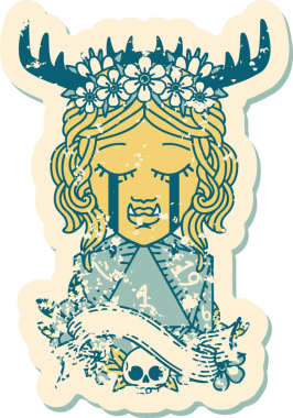 Retro Dövme Tarzı Ağlayan Ork Druid karakteri yüzü ve bir insan tarafından çizilmiş doğal bir D20 rulosu