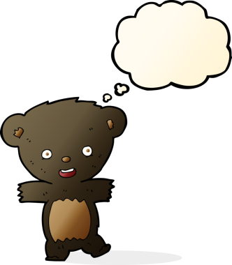 Bir insan tarafından çizilmiş düşünce baloncuklu oyuncak ayı yavrusu.