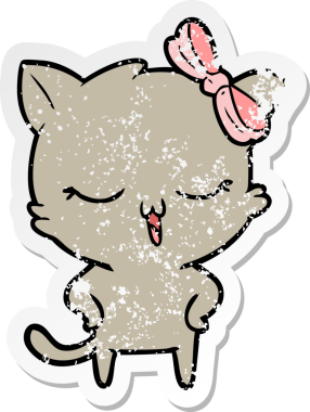 Bir çizgi film kedisinin üzgün çıkartması. Başında yay, kalçasında bir insan tarafından çizilmiş.