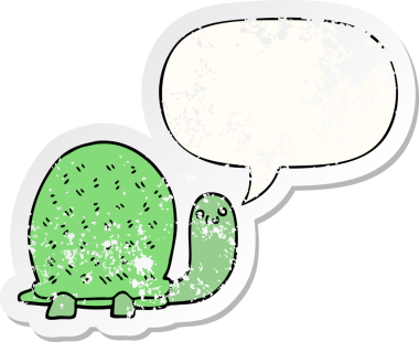 Konuşma baloncuğu olan sevimli çizgi film kaplumbağası bir insan tarafından çizilmiş sıkıntılı eski bir çıkartma.