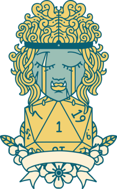 Retro Dövme Tarzı Ağlayan Ork Barbar Karakteri Bir insan tarafından çizilmiş doğal D20 rulosu