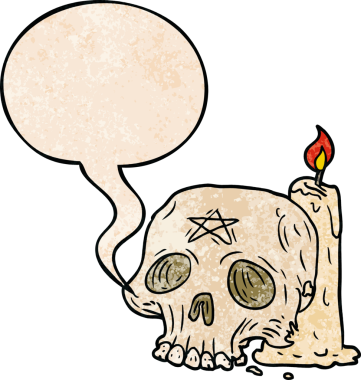 Bir insan tarafından çizilmiş, eski moda konuşma baloncuklu, tuhaf kafatası ve mum çizgi film.