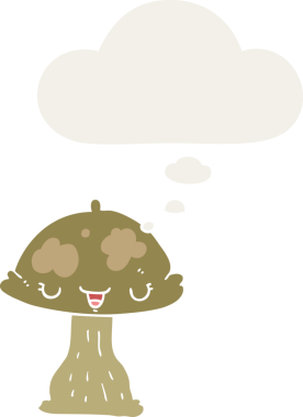 Düşünce baloncuğu olan çizgi film mantarı insan tarafından çizilmiş.