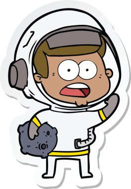 Bir insan tarafından çizilmiş ay taşı tutan astronot şaşırmış bir çizgi film çıkartması.