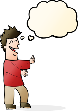 Bir insan tarafından çizilmiş düşünce balonlu gülen adam.