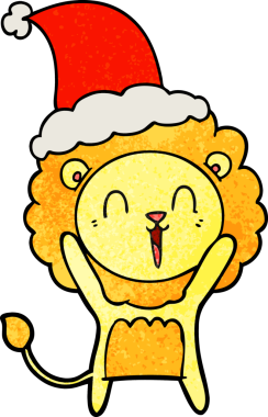 Gülen aslan eli bir insan tarafından çizilmiş Noel Baba şapkası çizilmiş.