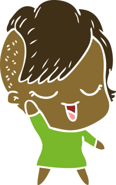 Bir insan tarafından çizilmiş mutlu düz renkli çizgi film kızı.