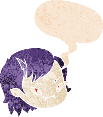 Bir insan tarafından çizilmiş grunge dertli retro tarzı ile konuşma baloncuğu ile çizgi vampir kız yüzü