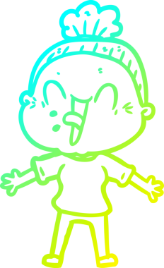 Bir insan tarafından çizilmiş, mutlu, yaşlı bir kadının çizimi.