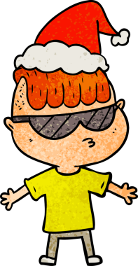Bir insan tarafından çizilmiş güneş gözlüğü takan ve Noel Baba şapkası takan bir çocuğun el yapımı karikatürü.