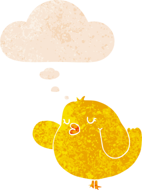 Düşünce baloncuğu ve grunge ile çizgi film kuşu bir insan tarafından çizilmiş sıkıntılı retro tarzı