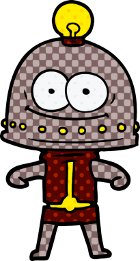 Bir insan tarafından çizilmiş ampullü mutlu karton robot.