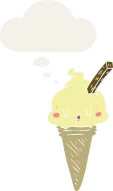 Bir insan tarafından çizilmiş düşünce baloncuklu tatlı çizgi film dondurması.