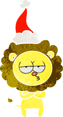 Bir insan tarafından çizilmiş Noel Baba şapkası giymiş yorgun bir aslanın el çizimi karikatürü.