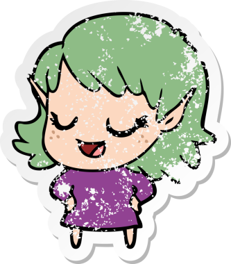 Bir insan tarafından çizilmiş mutlu bir elf kızının sıkıntılı çıkartması.