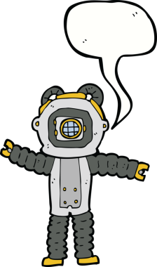 Bir insan tarafından çizilmiş konuşma balonlu derin deniz dalgıcı çizgi filmi.