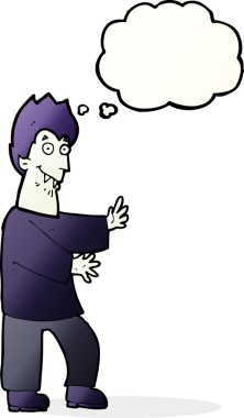 Bir insan tarafından çizilmiş düşünce balonuyla el sallayan vampir çizgi filmi.