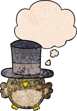 Bir insan tarafından çizilmiş grunge desenli düşünce baloncuklu silindir şapka giyen baykuş.