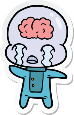 Bir çizgi film çıkartması. Bir insan tarafından çizilmiş büyük beyinli uzaylı ağlaması.