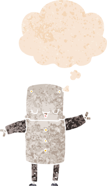 grunge 'da düşünce baloncuğu olan karikatür robotu bir insan tarafından çizilmiş gerilimli retro stil