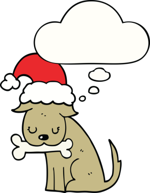 Bir insan tarafından çizilmiş düşünce baloncuğu olan şirin bir Noel köpeği.