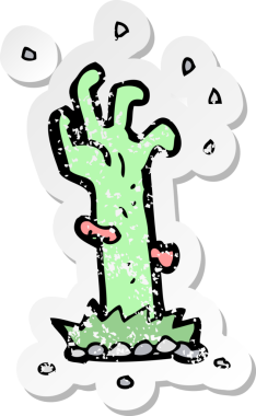 Bir insan tarafından çizilmiş mezardan yükselen zombi çizgi filminin gerilimli çıkartması.