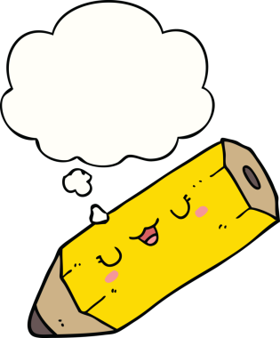 Bir insan tarafından çizilmiş düşünce baloncuklu şirin bir çizgi film kalemi.