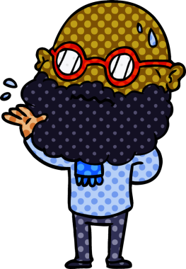 Bir insan tarafından çizilmiş sakallı ve gözlüklü endişeli bir adam.