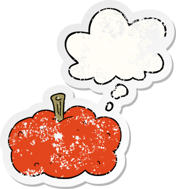 Düşünce baloncuğu olan karikatür balkabağı insan tarafından çizilmiş yıpranmış bir çıkartma.