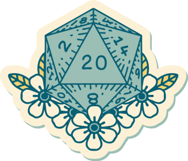 Bir insan tarafından çizilmiş geleneksel bir d20 dövmesi çıkartması.